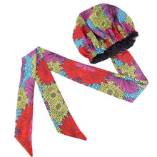 Load image into Gallery viewer, Ankara Pattern Print Satin Bonnet with Long Ribbon Head Wear
