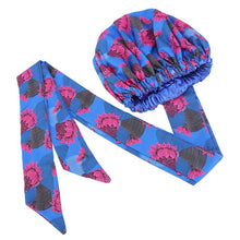 Load image into Gallery viewer, Ankara Pattern Print Satin Bonnet with Long Ribbon Head Wear