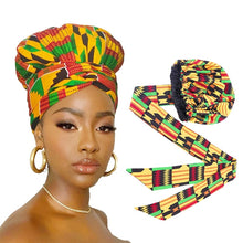 Load image into Gallery viewer, Ankara Pattern Print Satin Bonnet with Long Ribbon Head Wear