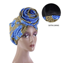 Load image into Gallery viewer, New Satin Lined Pre-Tied African Pattern Knot Headwrap
