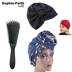 Pre-Tied African and Satin Lined Headwear with Detangler Hair Brush Gift Set