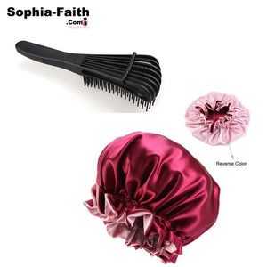 Wine-Red Reversible Satin Bonnet with Afro Detangler  Gift Set