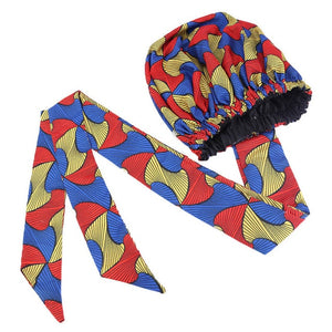 Ankara Pattern Print Satin Bonnet with Long Ribbon Head Wear