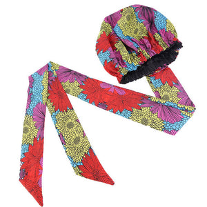 Ankara Pattern Print Satin Bonnet with Long Ribbon Head Wear