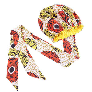 Ankara Pattern Print Satin Bonnet with Long Ribbon Head Wear
