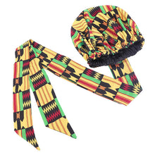 Load image into Gallery viewer, Ankara Pattern Print Satin Bonnet with Long Ribbon Head Wear
