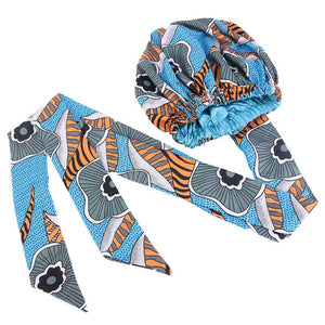 Ankara Pattern Print Satin Bonnet with Long Ribbon Head Wear