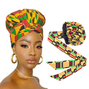 Ankara Pattern Print Satin Bonnet with Long Ribbon Head Wear