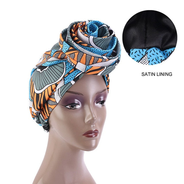 New Satin Lined Pre-Tied African Pattern Knot Headwrap