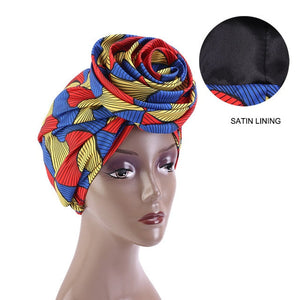 New Satin Lined Pre-Tied African Pattern Knot Headwrap