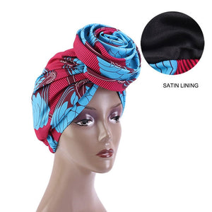 New Satin Lined Pre-Tied African Pattern Knot Headwrap