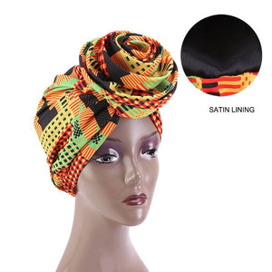 New Satin Lined Pre-Tied African Pattern Knot Headwrap