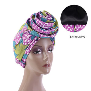 New Satin Lined Pre-Tied African Pattern Knot Headwrap