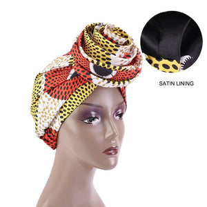 New Satin Lined Pre-Tied African Pattern Knot Headwrap