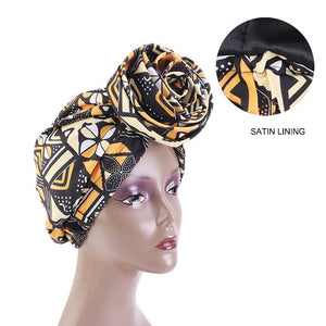 New Satin Lined Pre-Tied African Pattern Knot Headwrap