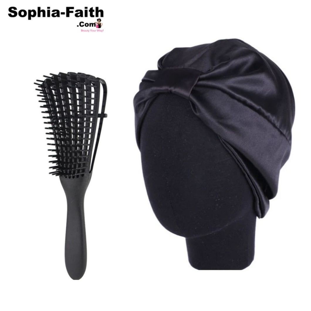 Black Silk Salon Bonnet with Detangler Brush Gift Set