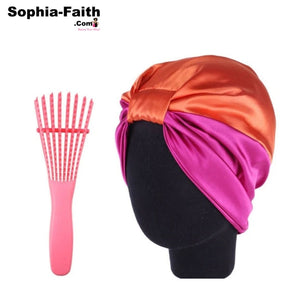 Gift Set - Orange Hot Pink Silk Salon Bonnet with Afro Detangler Brush